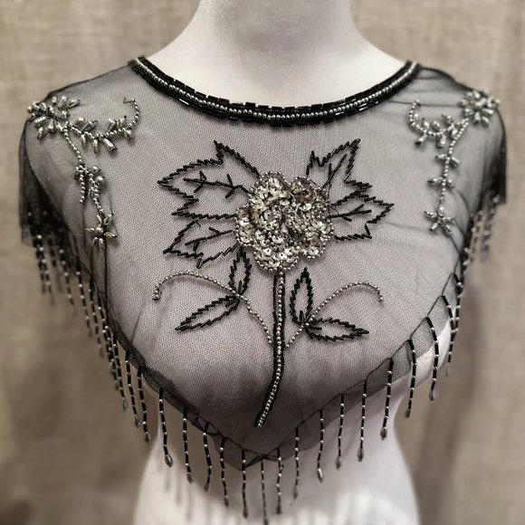 Black & Silver Beaded Sequin Mesh Pullover Capelet Collar Shawl - Picture 4 of 15